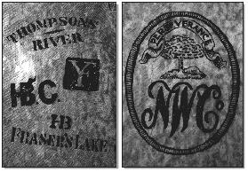 Two engraved limestone pieces are shown. The piece on the left shows logos for the Hudson’s Bay Company and York Factory as well as the words Thompson’s River and Fraser’s Lake. The piece on the right shows the North West Company logo as well as the word Perseverance in a ribbon above a tree.