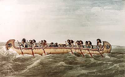several Voyageurs in a large canoe