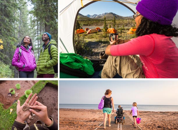 Four images: 1.Two people hiking in a forest, 2. A person looking out the doorway of her tent, 3. An archaeological dig, 4. A family on an accessible beach walkway.
