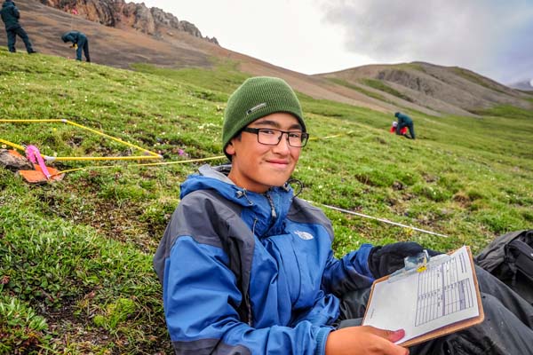 Volunteer works on an ecological integrity monitoring program at Hoge Pass. 
