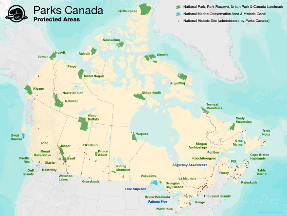 A map showing Parks Canada’s protected areas across Canada