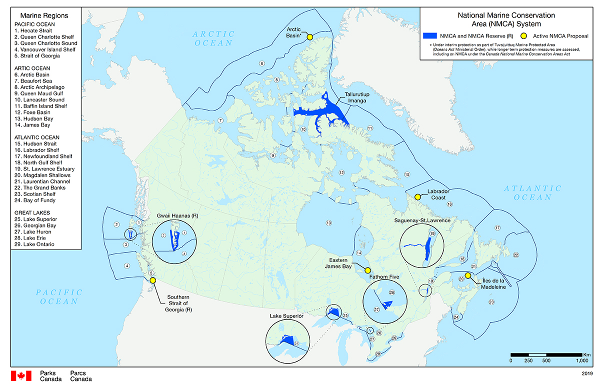 A map of the national marine conservation areas of Canada, detailing national marine conservation areas and national marine conservation area reserves, active national marine conservation areas, and national parks and and interim protections