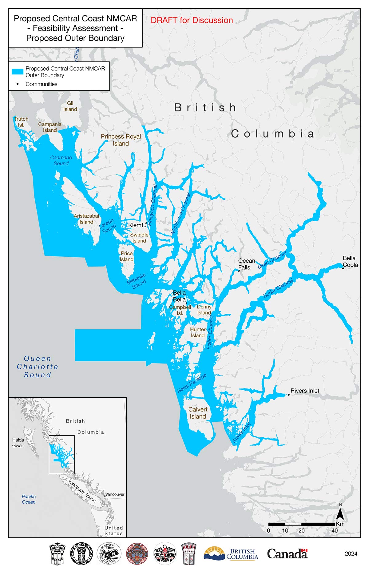 Proposed outer boundary for the feasibility assessment phase for the proposed Central Coast National Marine Conservation Area Reserve, in the Queen Charlotte Sound marine region, British Columbia.