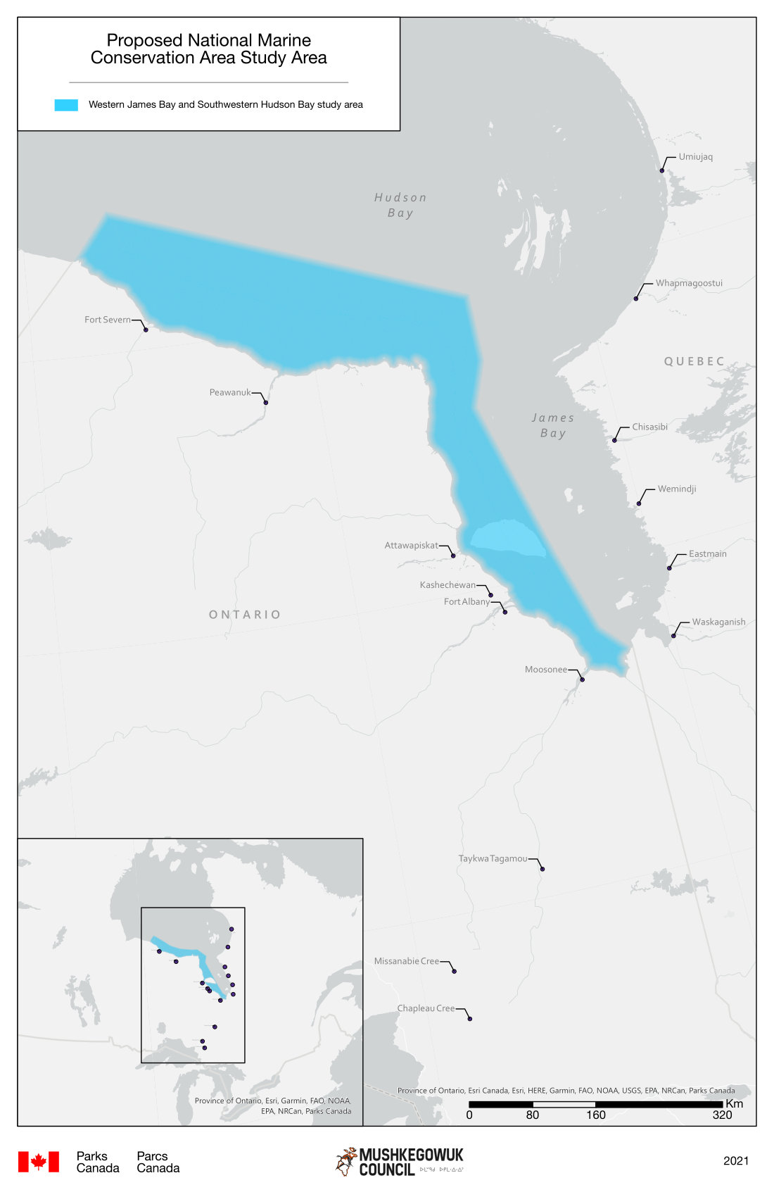 Map of National Marine Conservation Area Study Area - Western Weeneebeg (James Bay) and southwestern Washabeyoh (Hudson Bay) 