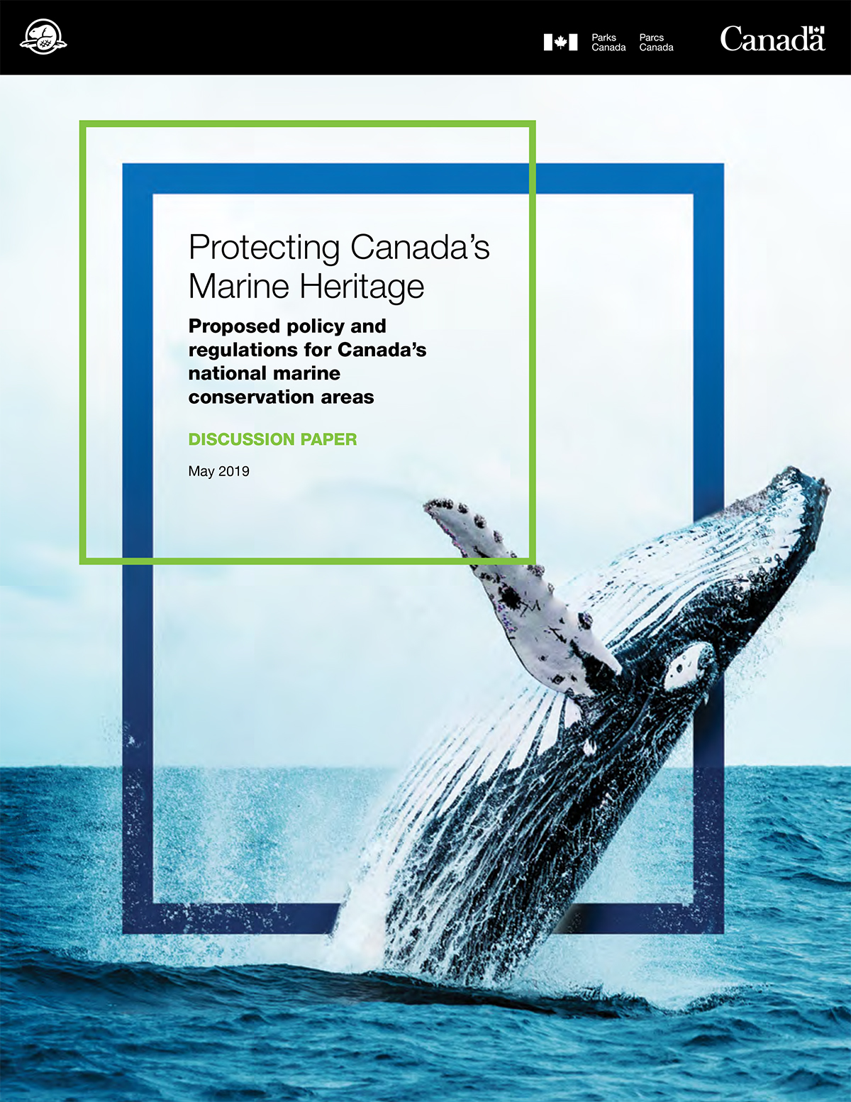 A whale breaching. Text: Protecting Canada's Marine Heritage - Proposed policy and regulations for Canada's conservation areas - Discussion paper - May 2019.