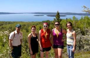 Students on the 'Back 40' trail overlooking Whitesand Lake at Rainbow Falls Provincial Park 