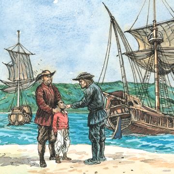 Illustration of two men, a boy and a ship