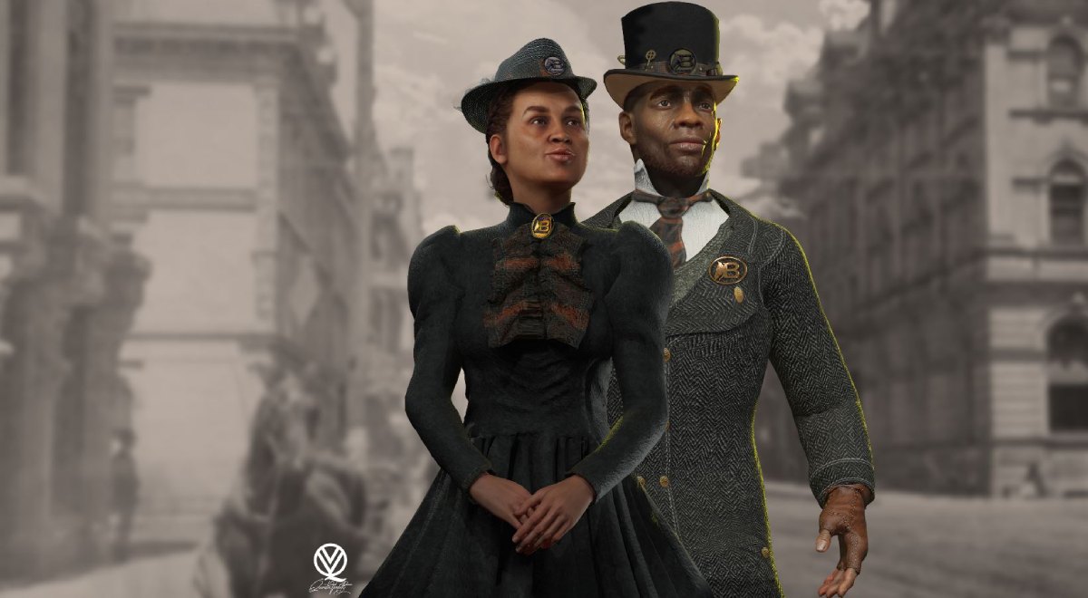 An artistic representation of two people standing in a historic cityscape