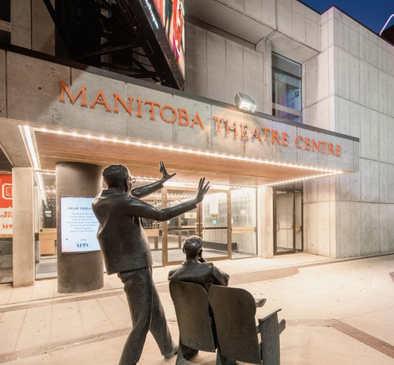 A statue outside of a theatre building