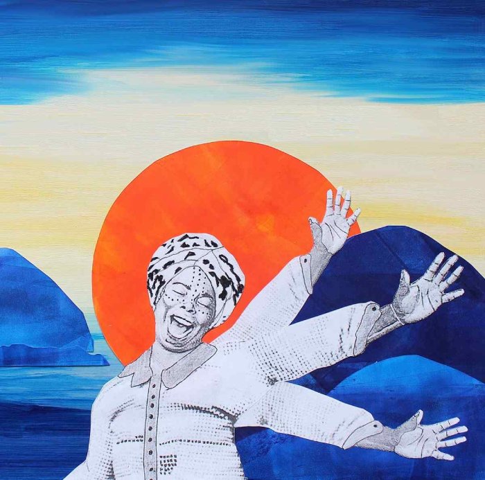 Illustration d'une femme et un soleil rouge en arrière plan