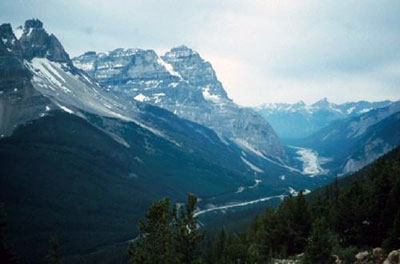 General view of Kicking Horse Pass, showing the mountain scenery that frames each side of the transportation corridor