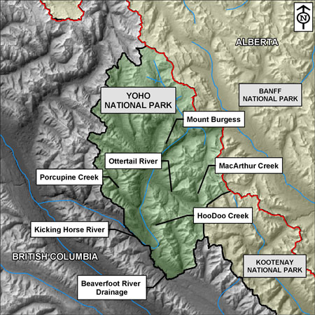 Map of Yoho National Park highlighting Hoodoo Creek, MacArthur Creek, Beaverfoot River and Kicking Horse River