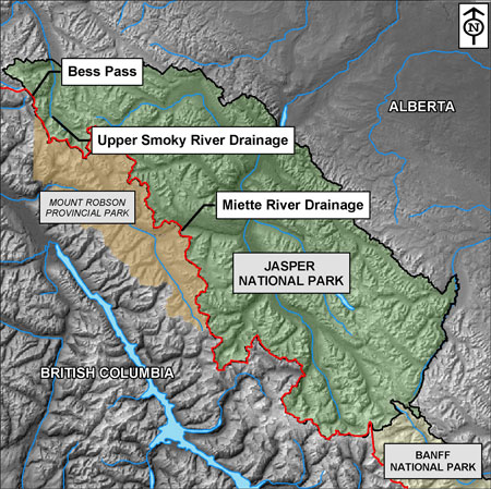 Blow up Jasper Section of the mountain parks map-highlight the Smoky River, Holmes river drainage, Miette Watershed and Bess Pass