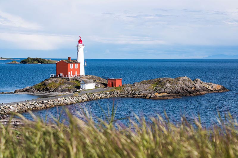 View of Fisgard Lighthouse with the Salish Sea in the background.