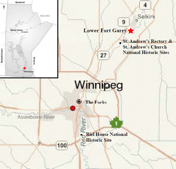 A map of southern Manitoba focused on Winnipeg and the area surrounding it. Lower Fort Garry, St. Andrew’s Rectory, The Forks and Riel House are all marked.