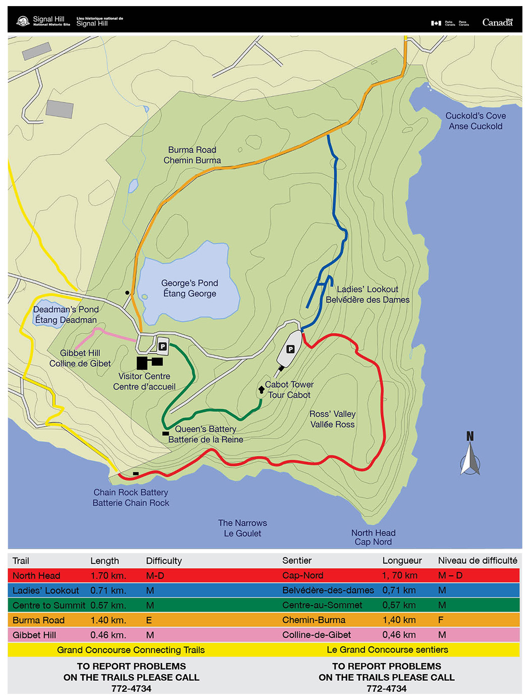 Map of Signal Hill trail system in English and French which shows five different routes.