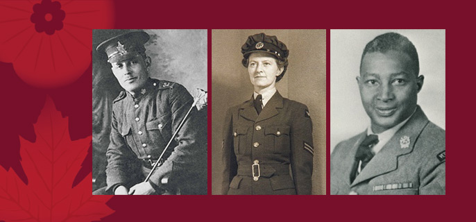 Three portrait photographs of Canadian uniformed soldiers, 2 men and 1 woman from the World Wars are displayed with a background featuring a poppy and maple leaf. 