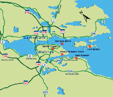 Map of highway access routes to Halifax Citadel National Historic Site of Canada