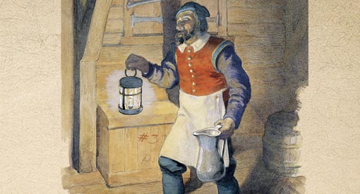 A painting of a man carrying a lantern and a jug.