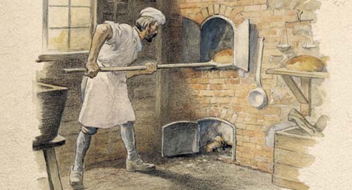 A painting of a man baking in a stone oven.
