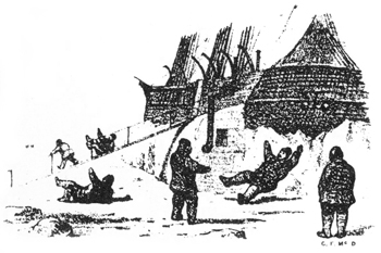 Illustration of men in front of a ship.