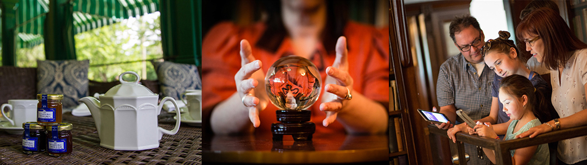 Three images: a teapot; a crystal ball; a family looking at a screen.