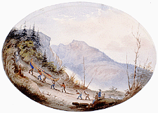 An aquarelle on vellum paper. Group of Voyageurs portaging a canoe and bundles