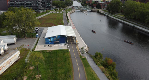 View from a drone of the Hangar 1825 and the North Link Park at the Lachine Canalne Canal