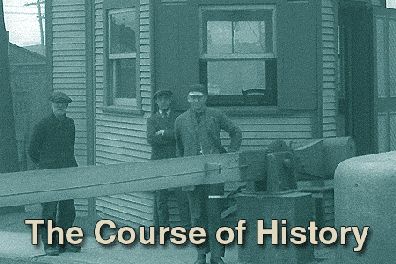 The words the course of history superimposed on a period image showing workers in front of the cabin