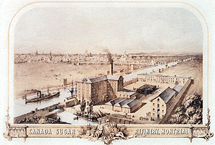 lavishly ornated promotional engraving depicting the refinery, the canal and the city in the background