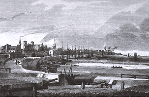 Engraving showing the canal, a lock gate, and the city in the background