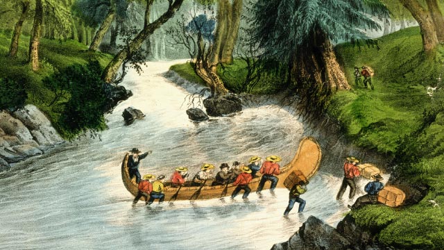 Lithography of Bartlett. Twelve Canadian voyageurs pushing a canoe up a rapid.