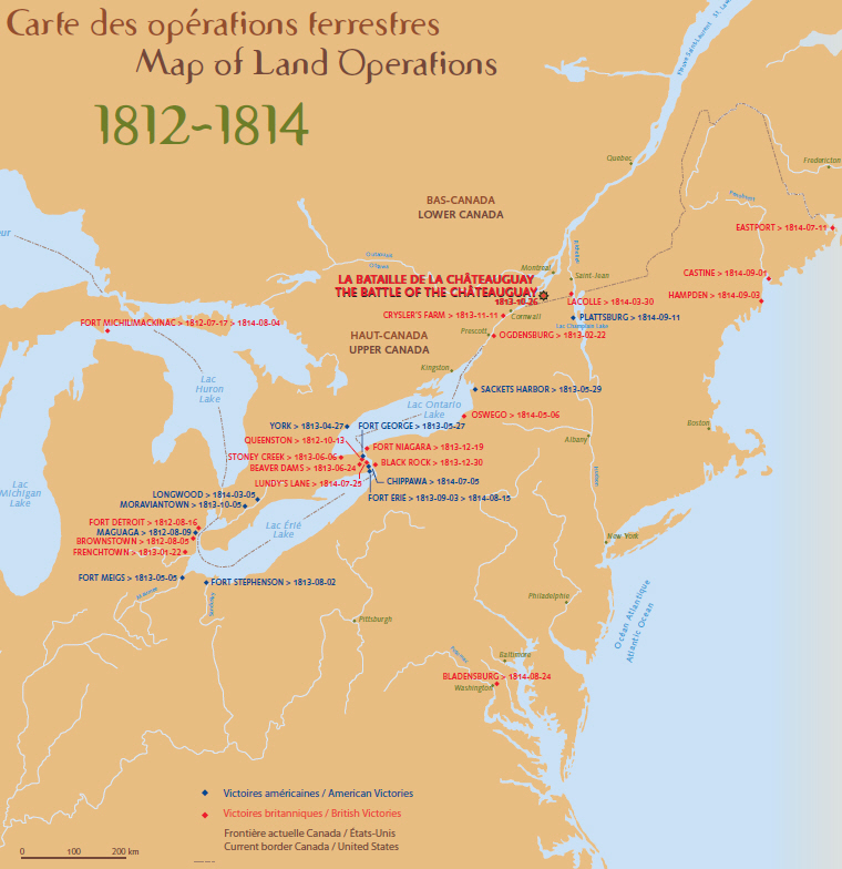Map of land operations of the War of 1812 that shows the british and american victories