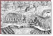 Between the forest and the shore, two groups of Indigenous are attacking with bows and arrows a couple of Europeens equipped with fire arms