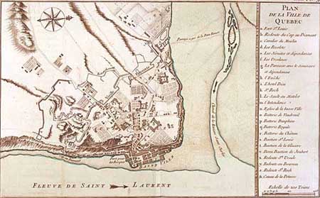 map of Québec in 1709 where we can see the St.Lawrence River and the St.Charles River. It's easy to see that the first fortifications (1693) where protecting a smaller territory than the second fortifications (1700 and 1706).