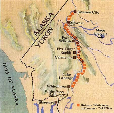 Map of the Yukon River showing Whitehorse, Dawson, Stewart, the Mayo District and Skagway