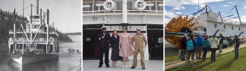 1. An historic photograph of the S.S. Klondike; 2. Four people in period costume aboard the S.S. Klondike; 3. A Parks Canada interpreter present the Captain Frank Slims Tour at the S.S. Klondike National Historic Site.