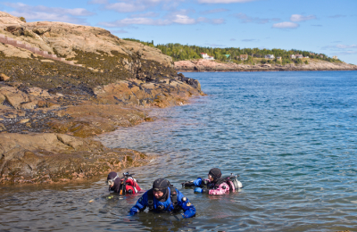 Three scuba divers are in halfway submerged in the water next to a rocky shoreline.