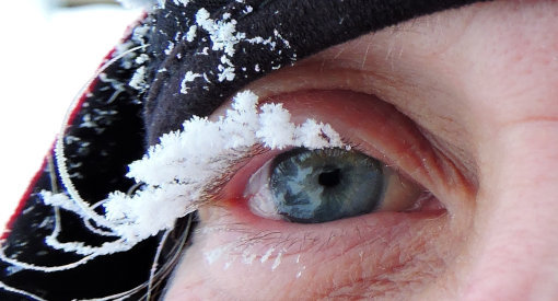 A close-up of a woman’s eyelash encrusted with frost.
