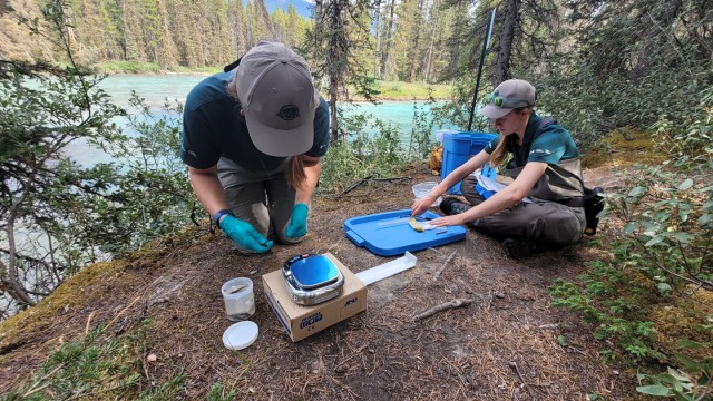 Two staff persons process eDNA samples on the ground near the water using small lab equipment.