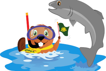 Parka the beaver is snorkelling with Plamu the salmon
