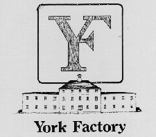 An illustration of a logo of a combined YF in a square above an illustration of a large white building with York Factory written at the bottom.