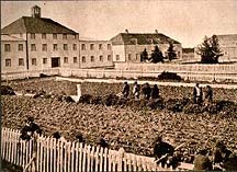 A large garden with a fence surrounding it in the foreground and three buildings are seen in the background.