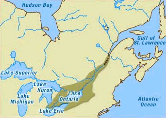 The map represents the south of the Province of Québec and the north of Ontario. We can see the iroquoian territory, on both sides of the St.Lawrence river, from the Lake St-Jean to the Lake Erié.