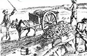 A drawing from 18th. century representing miners extracting bog iron ore from swamps and loading a cart.
