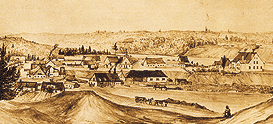 An historical drawing representing the complete village of the Forges du Saint-Maurice by Capitan Pigott, in 1845. We can see on the left, the Blast Furnace Complex and the workers 'houses, on the right, the Grande Maison overlooking the St. Maurice River.
