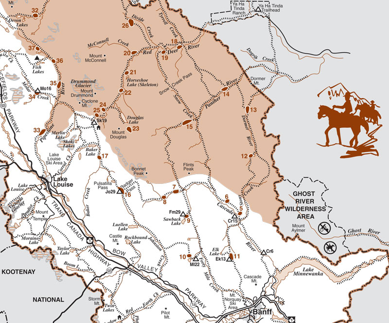 Map of horse riding trails, backcountry campground and grazing areas located in Banff National Park