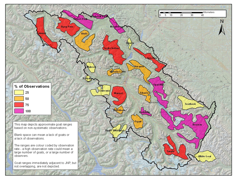 Figure 12. Approximate mountain goat distribution in Jasper National Park, based on historical observations.