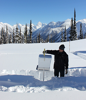 Parks Canada staff examine snow on the tilt table. 