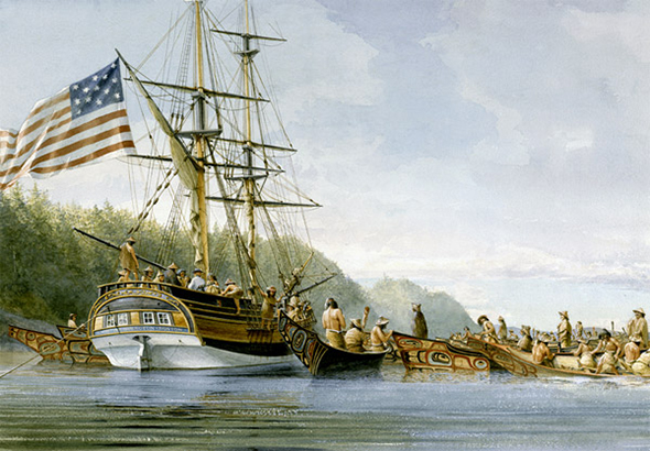 The Lady Washington is pictured at SGang Gwaay while trading with the Haida for sea otter pelts in 1791